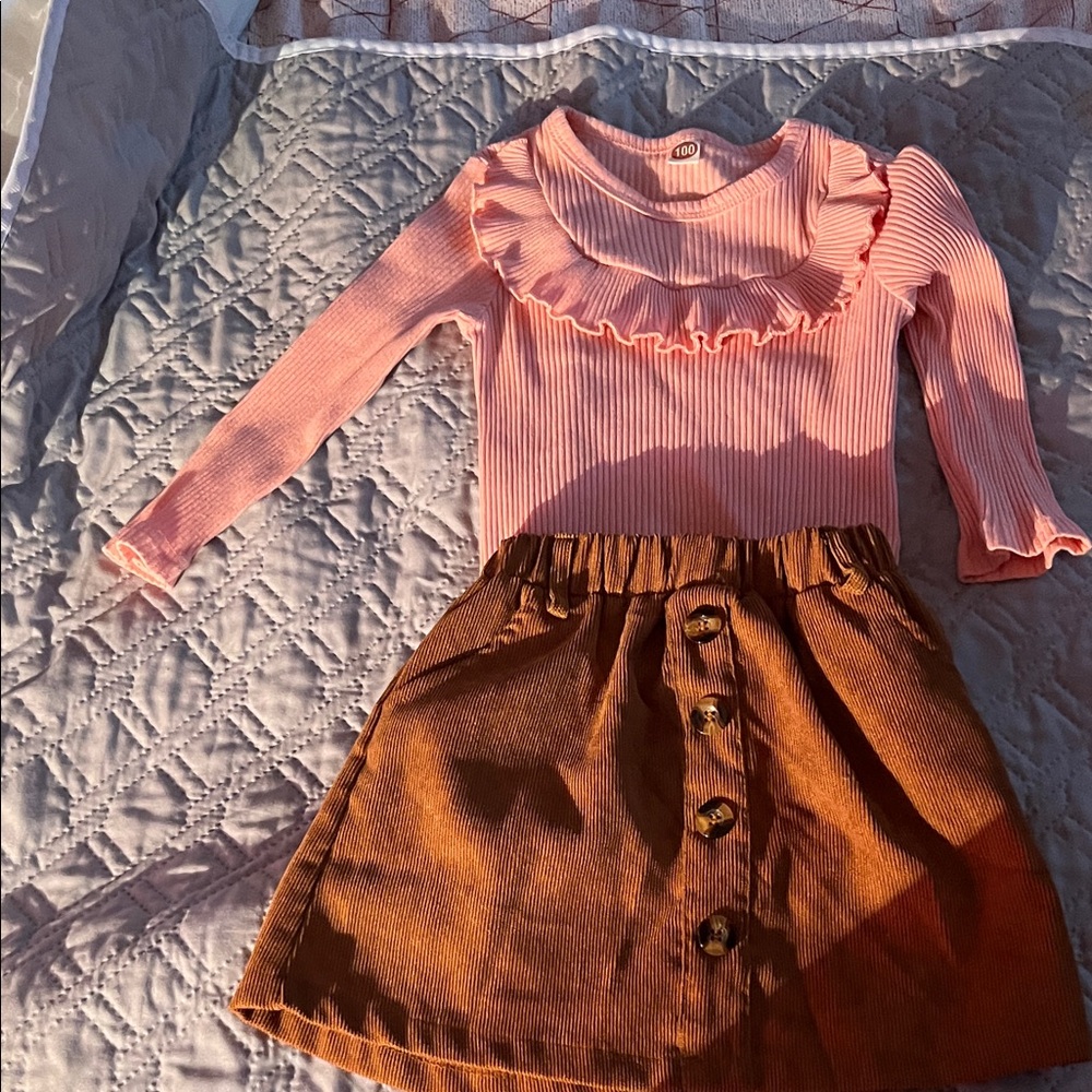 Pink Ruffled Top with Brown Button Skirt